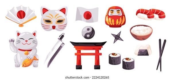 Japan set collection of cultural object items such as maneki neko rate food and flag