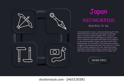 Icono de Japón. Arco, mapa, bandera, isla, hoz, soplete, kunai, gong, , manuscrito, katanas, dardo, guerrero, ninja, sigilo, arma arrojadiza, shuriken. Concepto estético japonés.