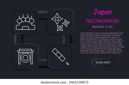 Japan set icon. Bow, temple, Japanese architecture, blowpipe, kunai, gong, , manuscript, katanas, dart, warrior, ninja, stealth, throwing weapon, shuriken. Japanese aesthetics concept.