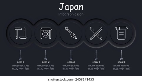 Japan set icon. Country, island, map, infographic, temple, Japanese architecture, neomorphism, kunai, gong, manuscript, katanas, cross swords, shuriken. Japanese aesthetics concept.