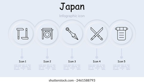 Japan set icon. Country, island, map, infographic, temple, Japanese architecture, neomorphism, kunai, gong, manuscript, katanas, cross swords, shuriken. Japanese aesthetics concept.