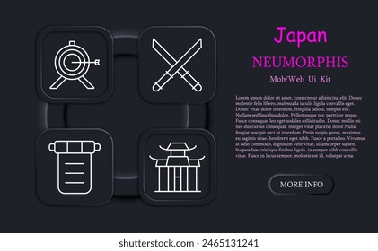 Japan set icon. Country, island, bow, temple, target, Japanese architecture, hit, kunai, manuscript, neomorphism, katanas, crossed swords, shuriken. Japanese aesthetics concept.