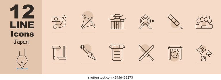 Japan set icon. Flag, country, island, map, bow, temple, Japanese architecture, blowpipe, kunai, gong, Newton s pendulum, manuscript, katanas, cross swords, shuriken. Japanese aesthetics concept.