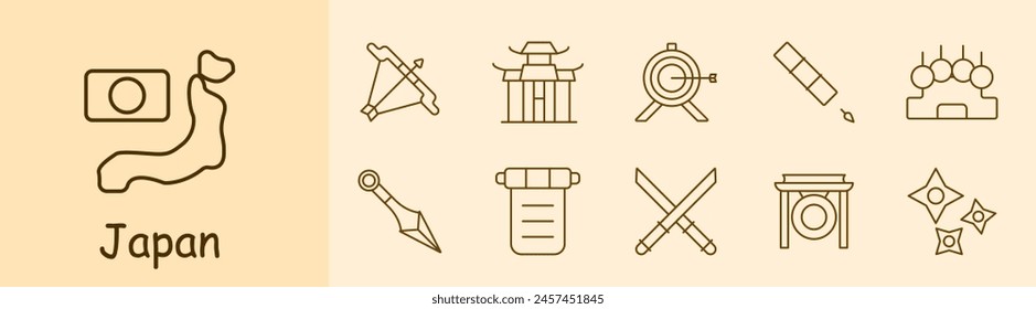 Japan set icon. Flag, country, island, map, bow, temple, Japanese architecture, blowpipe, kunai, gong, Newton s pendulum, manuscript, katanas, cross swords, shuriken. Japanese aesthetics concept.