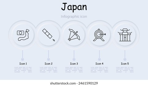 Japan set icon. Flag, country, island, map, bow, temple, Japanese architecture, blowpipe, target, infographic, neomorphism, aesthetics. Japanese aesthetics concept.