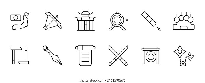 Japan set icon. Flag, country, island, map, bow, temple, Japanese architecture, blowpipe, kunai, gong, Newton pendulum, manuscript, katanas, cross swords, shuriken. Japanese aesthetics concept.