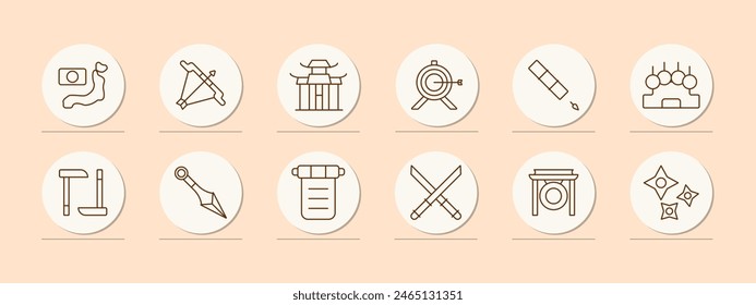 Japan set icon. Flag, country, island, map, bow, temple, Japanese architecture, blowpipe, kunai, gong, Newton pendulum, manuscript, katanas, cross swords, shuriken. Japanese aesthetics concept.