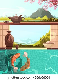 Japan set of retro cartoon horizontal banners with national cuisine natural landscapes koi carps isolated vector illusration