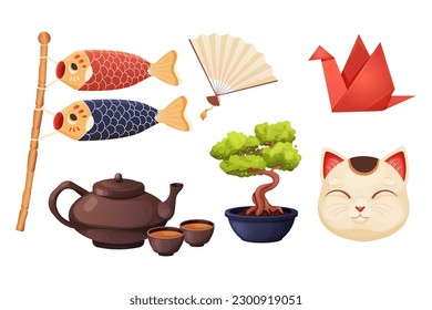 Japan set with traditional elements bonsai tree, koinobori flag, fun, maneki neko cat, origami crane and teapot with tea cups in cartoon style isolated on white background.