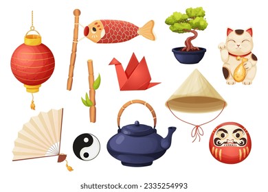 Japan set with traditional elements bonsai tree, koinobori flag, fun, maneki neko cat, origami crane and teapot with tea cups in cartoon style isolated on white background.