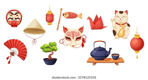 Japan set with traditional elements bonsai tree, koinobori flag, fun, maneki neko cat, origami crane and teapot with tea cups isolated on white background.