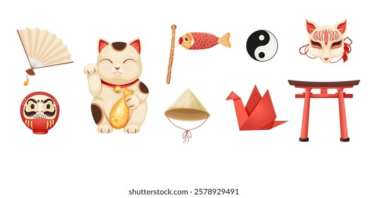 Japan set with traditional elements bonsai tree, koinobori flag, fun, maneki neko cat, origami crane and teapot with tea cups isolated on white background.