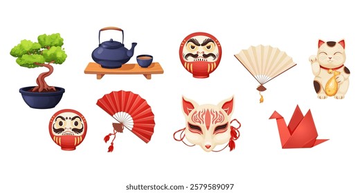 Japan set with traditional elements bonsai tree, koinobori flag, fun, maneki neko cat, origami crane and teapot with tea cups isolated on white background.