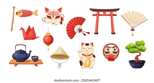 Japan set with traditional elements bonsai tree, koinobori flag, fun, maneki neko cat, origami crane and teapot with tea cups isolated on white background.