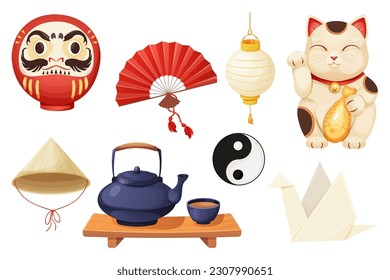 Japan set with traditional elements fun, maneki neko cat, origami crane, teapot with tea cups, daruma doll and lantern in cartoon style isolated on white background.