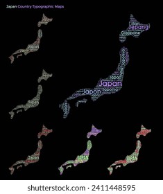 Japan. Set of typography style country illustrations. Japan map shape built of horizontal and vertical country names. Vector illustration.
