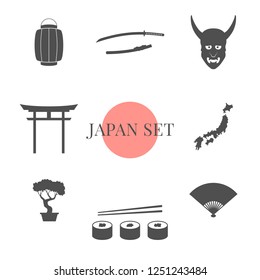 Japan set, vector illustration, flat silhouette, icon, logo, sti