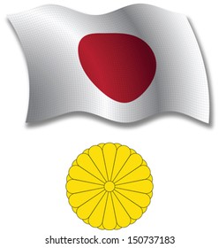japan shadowed textured wavy flag and coat of arms against white background, vector art illustration, image contains transparency transparency