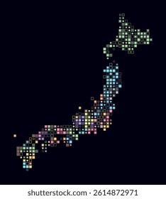 Japan, shape of the country build of colored cells. Digital style map of the Japan on dark background. Small size square blocks. Vibrant vector illustration.