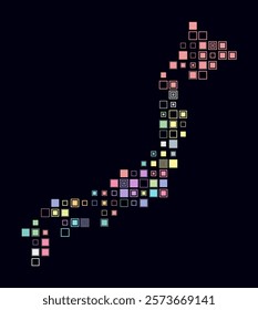 Japan, shape of the country built of colored cells. Digital style map of Japan on dark background. Large size square blocks. Plain vector illustration.