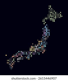Japan, shape of the country built of colored cells. Digital style map of Japan on dark background. Small size circle blocks. Artistic vector illustration.