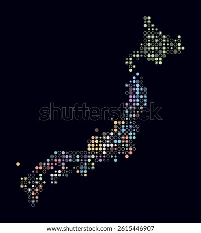 Japan, shape of the country built of colored cells. Digital style map of Japan on dark background. Small size circle blocks. Artistic vector illustration.