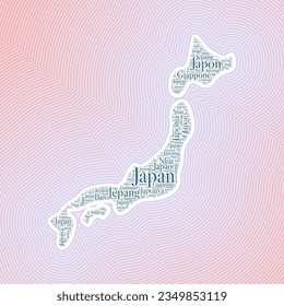 Japan shape formed by country name in multiple languages. Japan border on stylish striped gradient background. Vibrant poster. Awesome vector illustration.