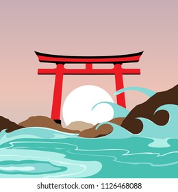 Japan Shrine and Gate Landmark Vector Full