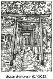 Japan shrine gates footpath. Black and white dashed style sketch, line art, drawing with pen and ink. Retro vintage picture.
