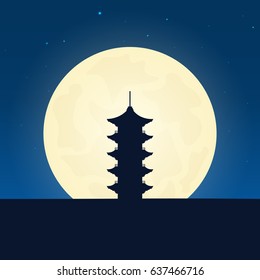 Japan silhouette of attraction. Travel banner with moon on the night background. Trip to country. Travelling illustration