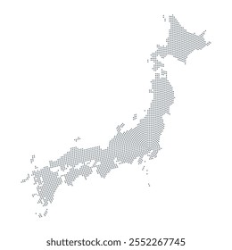 Japanische Silhouette aus radial verteilten grauen Punkten, die von der Region Tokio Capital ausgehen und das japanische Festland und die vier größten Inseln Honshu, Hokkaido, Honshu und Shikoku zeigen.