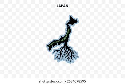 Japan silhouette with roots and "Never Forget Your Roots" quote. A powerful design celebrating cultural pride and origin.	