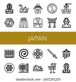 japan simple icons set. Contains such icons as Kendo, Yin yang, Origami, Kimono, Noodles, Torii, Sumo, Sushi roll, Dumpling, Mosquito coil, can be used for web, mobile and logo