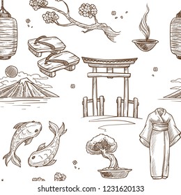Japan sketch pattern background. Vector seamless design of Japanese Mount Fuji in Tokyo and geisha woman in kimono, sushi food chopsticks or bonsai tree or sake drink and silk