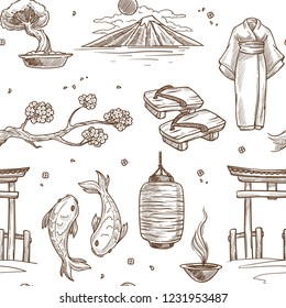 Japan sketch pattern background. Vector seamless design of Japanese Mount Fuji in Tokyo and geisha woman in kimono, sushi food chopsticks or bonsai tree or sake drink and silk