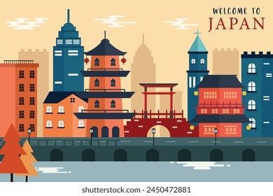 Japan skyline concept flat vector illustration,Travel to Japan concept with skyline and famous buildings landmark