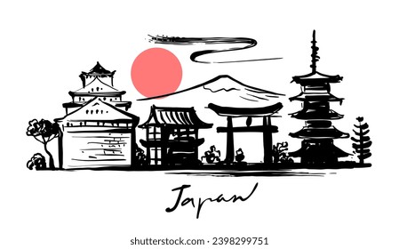 Japan skyline hand drawn, sketch