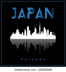 Japan, skyline silhouette vector design on parliament blue and black background.