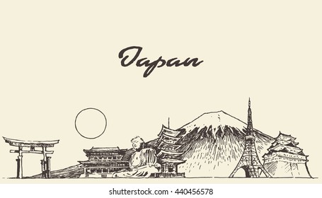 Japan skyline, vector engraved illustration, hand drawn, sketch