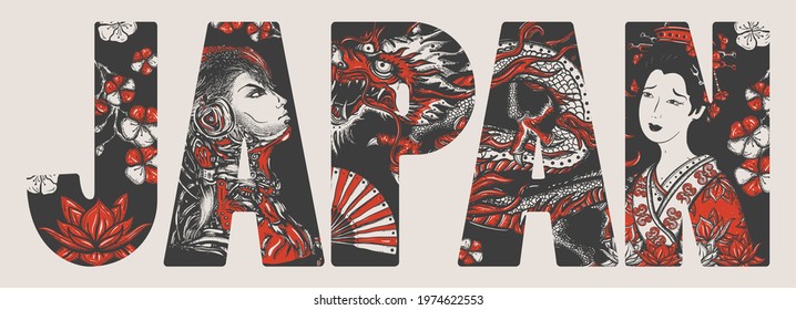 Japan slogan. Vintage asian art. Traditional tattooing style. Japanese dragon, sakura flowers, geisha woman and cyber robot man. Ancient history and culture 
