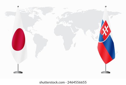 Japan and Slovakia flags for official meeting against background of world map.