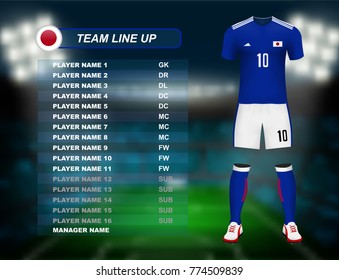 Japan soccer jersey kit with team line up board on soccer stadium and crowd fan with spot light backdrop on night time. Concept for Asian football match result background in vector illustrative