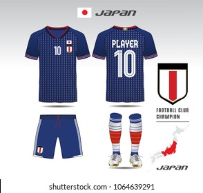 Japan soccer jersey or team apparel template. Mock up Football uniform for football club. Blue and red layout football sport t-shirt design. Vector Illustration design.