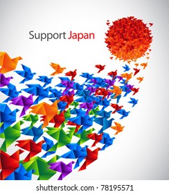 Japan social art - origami birds fly to the sun stylized from Japan flag