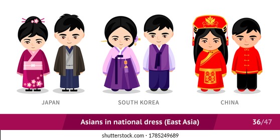 Japan, South Korea, China. Men and women in national dress. Set of asian people wearing ethnic traditional costume. Isolated cartoon characters. East Asia. Vector flat illustration.