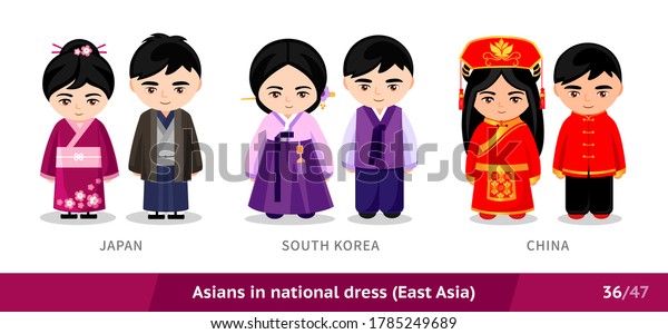 日本 韓国 中国 国民服を着た男女 民族衣装を着たアジア人のセット 漫画のキャラクター 東アジア ベクターフラットイラスト のベクター画像素材 ロイヤリティフリー