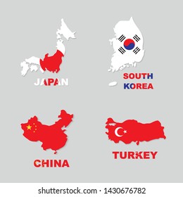 Japan, South Korea, China, Turkey colorful map and flag