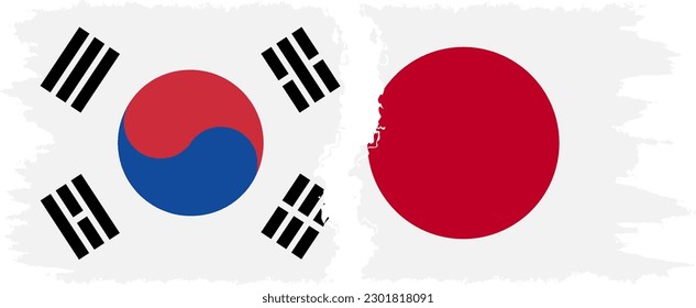 Japan and South Korea grunge flags connection, vector