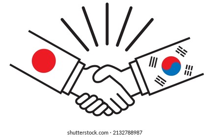 Japan and South Korea, hands with national flags shake hands. Image illustrations of wars, conflicts, alliances, reconciliations, agreements between nations, icons.