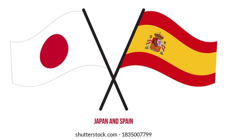 Banderas de Japón y España cruzadas y ondeando estilo plano. Proporción oficial. Colores correctos.